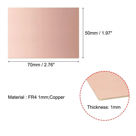 70x50mm FR4 1mm copper PCB board, double-sided, for DIY prototyping in 14 pack, project dimensions visible