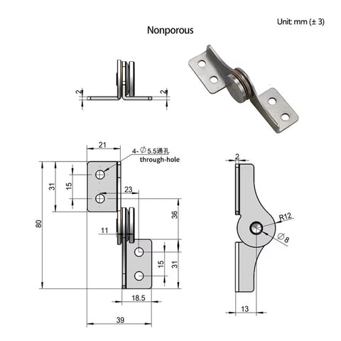 Through-hole damping torque hinge, 304 stainless steel with free-stop blade, front view