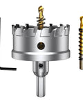 Front view of a 3-inch tungsten carbide tipped hole saw cutter with two gold pilot bits and a black L-shaped hex key