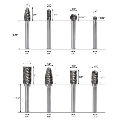 YUFUTOL 8-piece double-cut carbide burr set with 1/4 in shanks for die grinder, metal and wood engraving and polishing