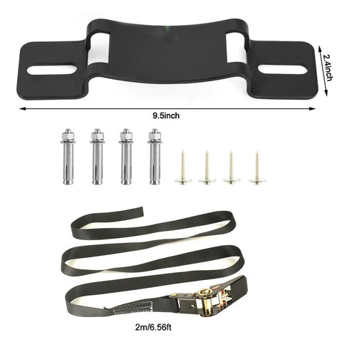 Propane Tank Holder And Wall Mounted Bracket Set with heavy-duty steel bracket, screws, and 6.6 ft ratchet straps laid out.