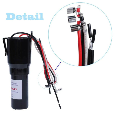 Close-up of the Three In One Hard Start Capacitor Kit For Refrigerators And Freezers 115V with wire connections.
