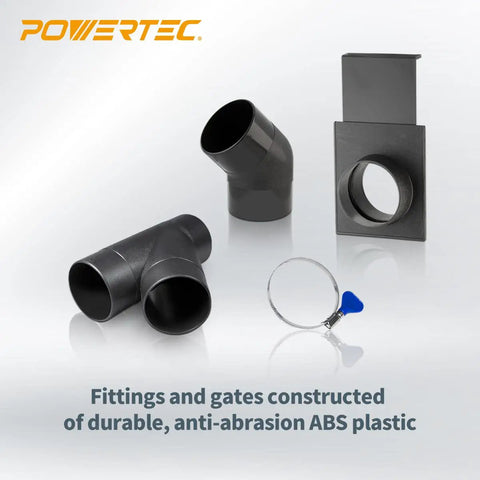 Super Handy Two And A Half Inch Dust Collection Fittings Kit with ABS plastic elbow, Y-fittings, blast gate, and hose clamp