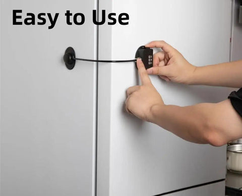 Person using No Keys Needed Fridge And Freezer Child Safety Lock With Ultra Strong Adhesive on a fridge door, black color.