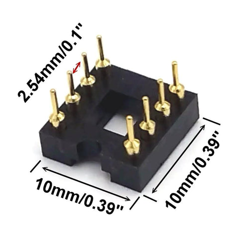 Gold Plated DIP-8 Round Hole IC Socket Adapter 8 Pins Per Socket 2 Row 2.54mm Pitch 7.6mm Row Spacing Soldering Ready