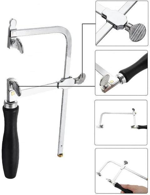 Adjustable Jeweler's Saw Frame Kit With 144 Blades Pro Grade 3 In 1 Jewelry Making Set shown with detailed components.