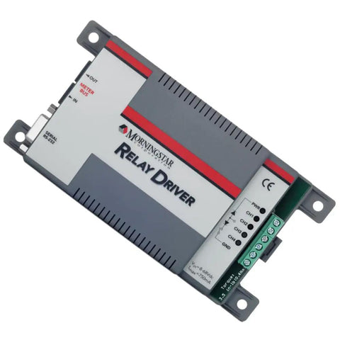 Top view of RD1 Relay Driver Programmable Logic Module For Solar Power Systems with four output connectors and labeled controls.