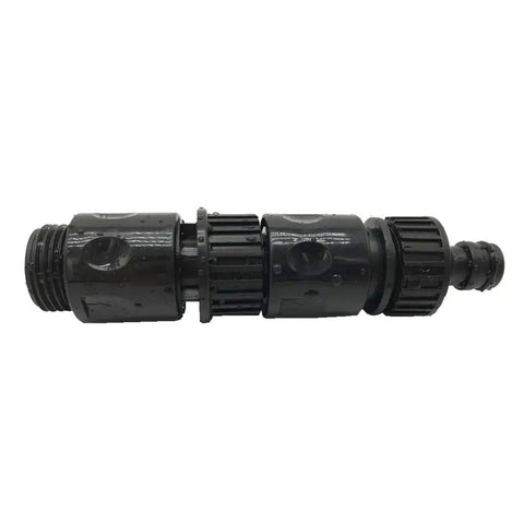 Heavy Duty Plastic Garden Hose Connector Set With Quick Release And Male And Female Hose Fittings Water Hose Thread Adapters From Quick Connect To Standard Three Quarters Inch Thread Black Ten Piece Kit viewed from side