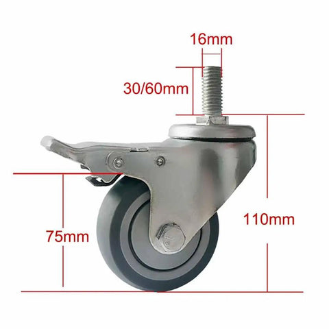 Heavy Hitter Industrial Swivel Casters With M16 Threaded Stem And Zero Hassle Dual Brake System Featuring Built Different Silent TPR Rubber Wheels for heavy trolley gear, 75mm wheel, steel construction.