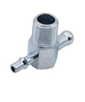 Angled front view of zinc-plated steel vacuum T-fitting with 3/8in NPT threaded port and 1/4in/3/8in barbed nipples