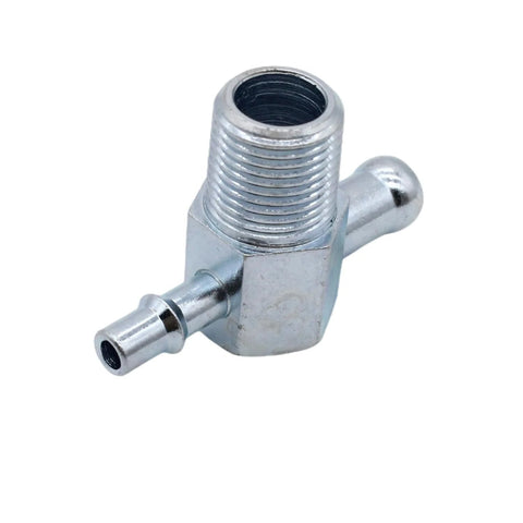 Angled front view of zinc-plated steel vacuum T-fitting with 3/8in NPT threaded port and 1/4in/3/8in barbed nipples