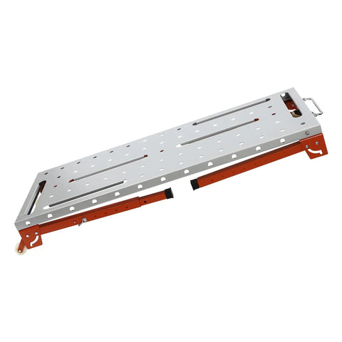 Heavy Duty Welding Table And Workbench With 46 By 18 Inch Foldable Cart and 1000 Lb Load Capacity steel top showing multi hole surface and smooth casters.