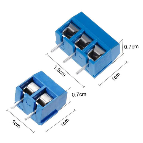 60 Pieces 5mm Pitch 2 Pin And 3 Pin PCB Mount Screw Terminal Block Connectors For Arduino; blue two pin and three pin blocks shown