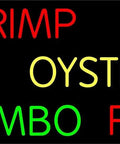 Neon sign with words SHRIMP, OYSTERS, GUMBO, RIBS in various colors on a black background.