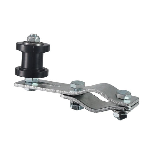 Slick Upgraded Heavy Duty Chain Tensioner Adjuster With 8MM Steel Guide Wheel For 49CC To 80CC Motorized Bike Engine Kit side view with metal adjuster and black guide wheel.
