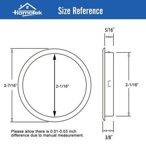 Size diagram for 8 Pack Closet Door Finger Pulls 2-1/16 Inch Round Sliding Door Handles Matte Black Universal Fit.
