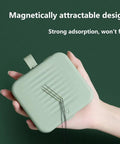 Hand holding a green compact case with “Magnetically attractable design” text, similar to Travel Size Sewing Kit With Compact Blue Storage Box, Beginner Friendly DIY Embroidery Thread And Needle Accessories, Mini Emergency Needle Case, Home And Hand Sewing Supplies, Perfect Gift For Crafters And DIY Lovers.
