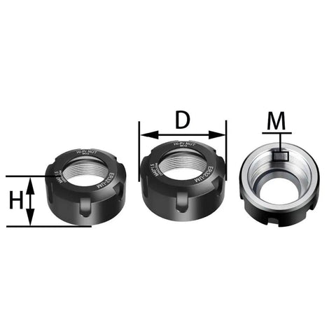 Heavy Duty Engraving CNC Lathe Milling Machine ER Series Collet Nut Tool Holder Set showing three black collet nuts with dimensions.