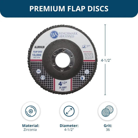 Type 27 Flap Discs For 4 1/2 Inch Angle Grinder, Stearate Coated 36 Grit For Aluminum And Soft Metals, 10 Pack, Fast Sanding, Finishing, Deburring, Stock Removal, And Grindin