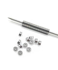 10 Pack Deep Groove Ball Bearings 9x17x5mm For Bicycle And Scooter next to a metal rod, displaying smooth spin and high hardness steel.