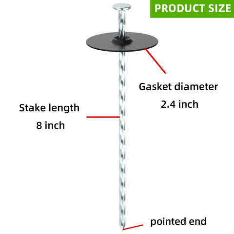 8 Inch Heavy Duty Galvanized Landscape Stakes Kit With Gasket Caps, showing stake length and pointed end.