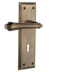 Antique Brass New York Plate Keyhole Fleur Lever For Privacy Backset 2.75 Inch, solid forged brass door lever set