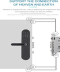 Ultra Secure Biometric Fingerprint Door Lock With Seamless App Control And All Weather Build shown on a door structure with installation details.