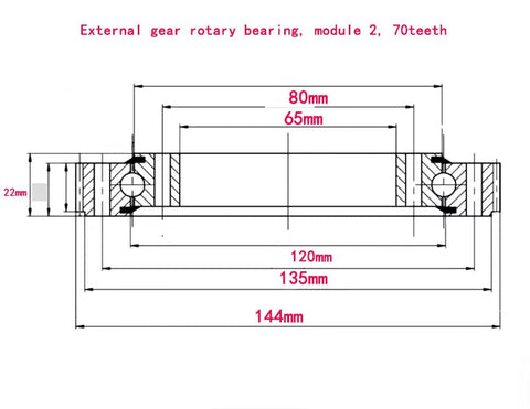Heavy Duty External Gear Rotary Bearing Module 2.70, 144mm Tooth Tip Circle diagram showing dimensions in engineering design