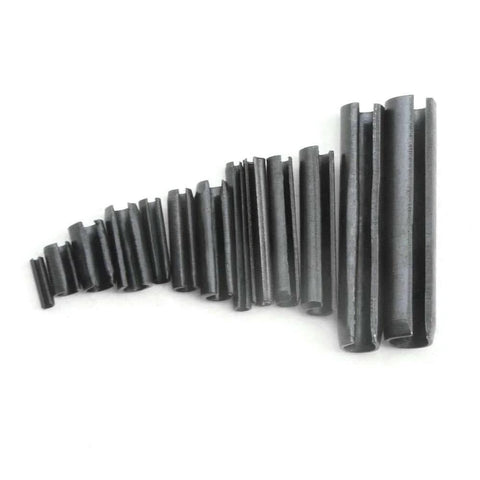 390 Pieces 13 Kinds M1.5 M2 M2.5 M3 M4 M5 M6 Steel Split Dowel Roll Pins Kit arranged by size on white background.