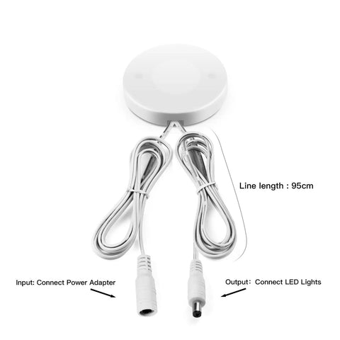 Wood Panel Penetrating Touch Sensor LED Dimmer Switch With Hand Sweep Control, white circular device with power and LED connections.