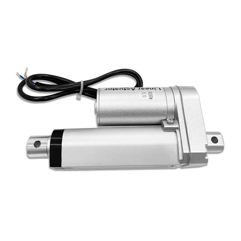 Side view of a 2-inch stroke, 12V electric linear actuator in silver aluminum with 225 lb load capacity