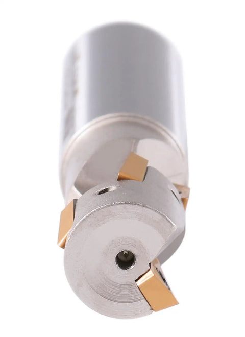 Three Quarter Inch One Flute Weldon Shank Helical Indexable End Mill APKT11T3 Inserts For Slotting And Finishing, Overall Length Three Point Five Inches, Flute Length One And Three Thirty Seconds Inches, Four Inserts, Heavy Duty Ninety Degree Cutter