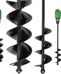 Two black steel garden auger drill bits with spiral blades for planting, 3/8-in hex drive