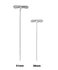 Heavy Duty Stainless Steel T Pins For Blocking And Knitting, 51mm and 38mm sizes shown, corrosion resistant for crafts.