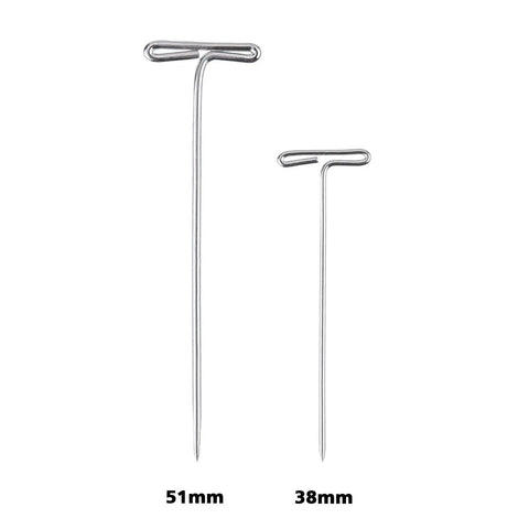 Heavy Duty Stainless Steel T Pins For Blocking And Knitting, 51mm and 38mm sizes shown, corrosion resistant for crafts.