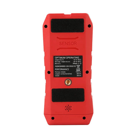 No Nonsense 4 In 1 Stud Finder Wall Scanner showing red handheld device back with performance specifications clearly visible.