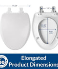 Alesio II Slow Close Toilet Seat With Easy Clean Hinges And Adjustable Front To Back Fit Made In USA Elongated Biscuit Wood Seat Soft Close No Wobble with dimensions displayed.