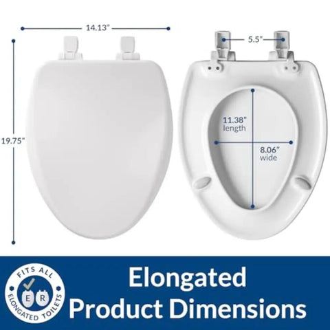 Alesio II Slow Close Toilet Seat With Easy Clean Hinges And Adjustable Front To Back Fit Made In USA Elongated Biscuit Wood Seat Soft Close No Wobble with dimensions displayed.