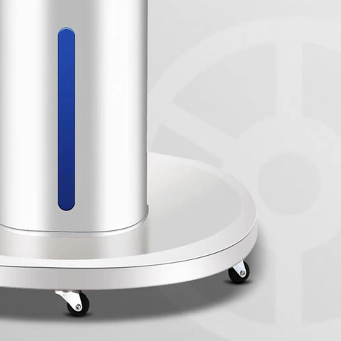 Badass Industrial Floor Fan Packed With Serious Airflow And Quick Cooling Mist Spray For Yard Or Warehouse Jobs showing sleek base and swivel wheels.