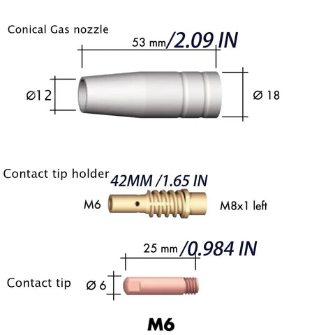 24 Piece MIG Welding Nozzle Set for Torch Accessories, Includes Nozzles, Gold Tip Holder, Contact Tips, Gas Nozzle diagram