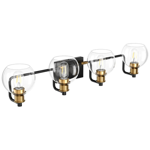 Upgrade Your Bathroom Vanity With Industrial Four Light Fixture In Vintage Black And Brass Finish With Clear Glass Globes