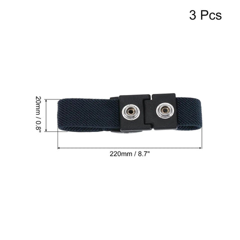 Three Pack Antistatic Wrist Straps Set, For ESD Protection, Dual Circuit Antistatic Bracelets, Deep Gray, size shown