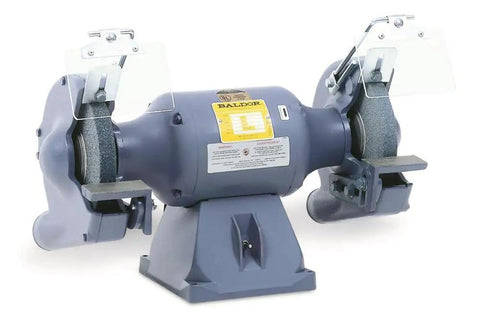 Shop Ready Eight Inch Bench Grinder With Thirty Six And Sixty Grit Wheels Three Quarter Hp Motor Kicking At One Eight Zero Zero Rpm, features onboard spark guards.