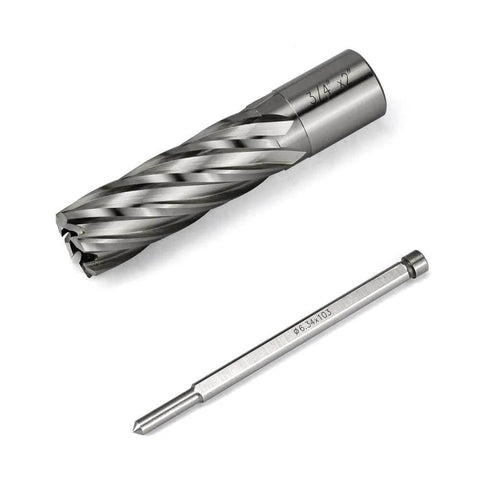 JESTUOUS annular cutter, 3/4 inch diameter with Weldon shank, shown with accompanying drill bit for magnetic drill press