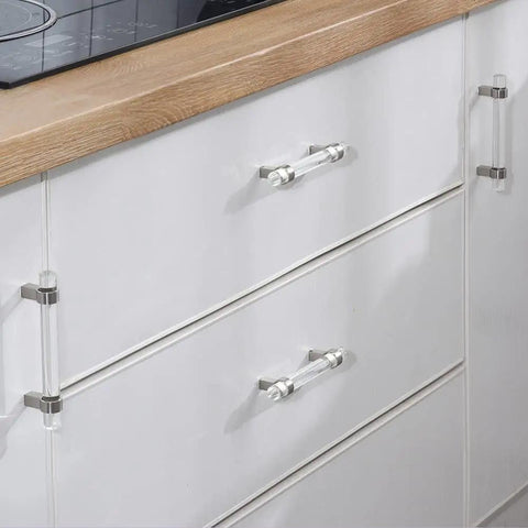 Crystal Glass Drawer Pulls 10 Pack Cabinet Handles For Kitchen And Dresser Brushed Nickel 3 Inch Hole Center on white drawers