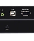 Built Heavy True 4K DisplayPort And HDMI Optical KVM Extender showing front panel with ports and indicators.