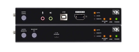 Built Heavy True 4K DisplayPort And HDMI Optical KVM Extender showing front panel with ports and indicators.