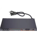 Straight Up Workhorse Power Sequencer With Ten Secure Outlets And Clear Digital Voltage Display Built From Heavy Duty Aluminum Alloy For Zero Hassle Rack Installation viewed from above with power cord, clear digital display.