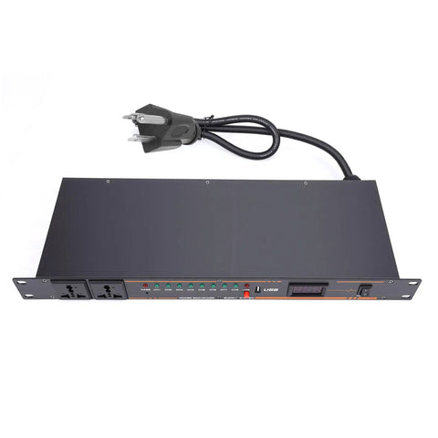 Straight Up Workhorse Power Sequencer With Ten Secure Outlets And Clear Digital Voltage Display Built From Heavy Duty Aluminum Alloy For Zero Hassle Rack Installation viewed from above with power cord, clear digital display.