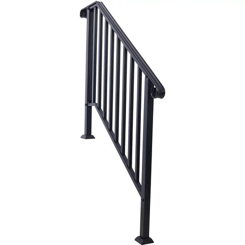 Heavy Duty Wrought Iron Handrail For Outdoor Steps Three Step Staircase flat out tough rustproof powder coated metal picket railing side view.